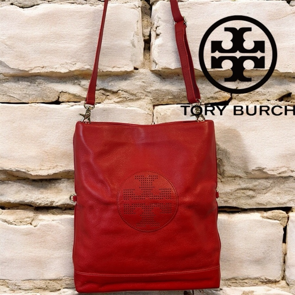 Tory Burch Kipp Perforated Logo Convertible Hobo Fold over Crossbody Bag EUC